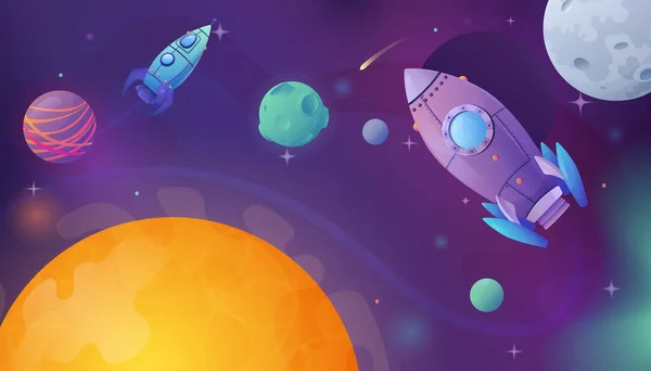 Space Cartoon Composition Outer Space Scenery Planets Shiny Stars Comets — Stockvektor