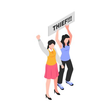 Corruption isometric icon with protesters holding placard thief 3d vector illustration