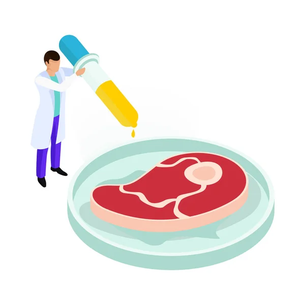 Isometric Artificial Food Icon Steak Laboratory Worker Vector Illustration — Image vectorielle