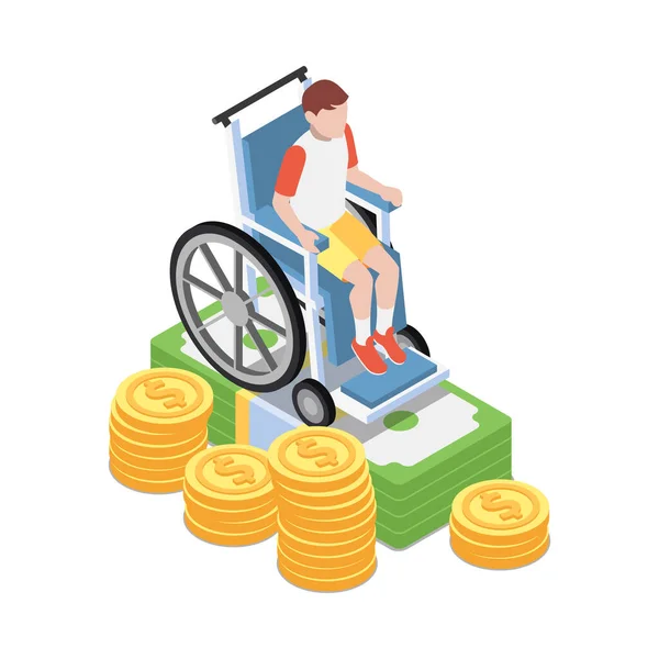 Social Security Isometric Icon Impaired Child Wheelchair Money Vector Illustration —  Vetores de Stock