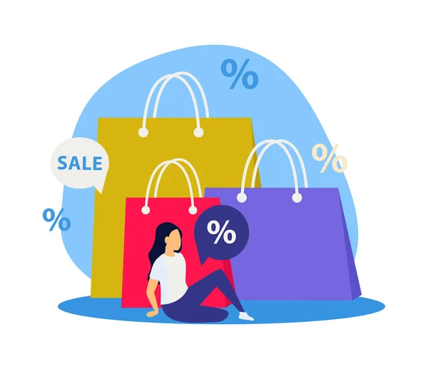 Flat Great Sale Shopping Concept Female Customer Paper Bags Vector —  Vetores de Stock