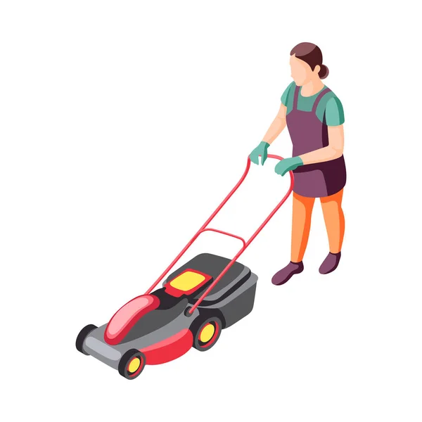 Isometric Female Gardener Lawn Mower Vector Illustration — Vetor de Stock