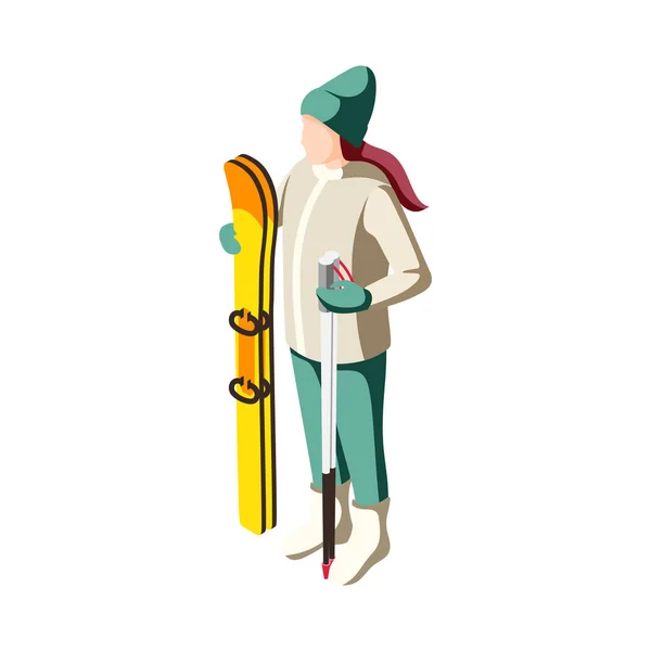 Ski Resort Isometric Icon Woman Standing Skis Poles Vector Illustration — Stok Vektör
