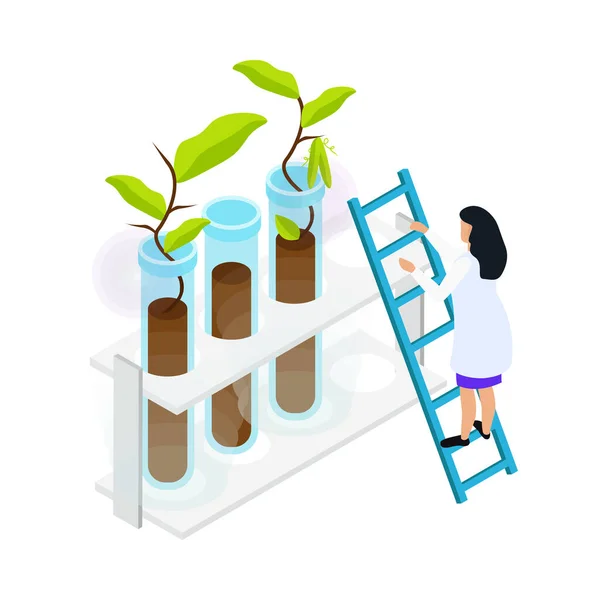 Isometric Artificial Food Icon Green Plants Laboratory Tubes Female Character — Image vectorielle