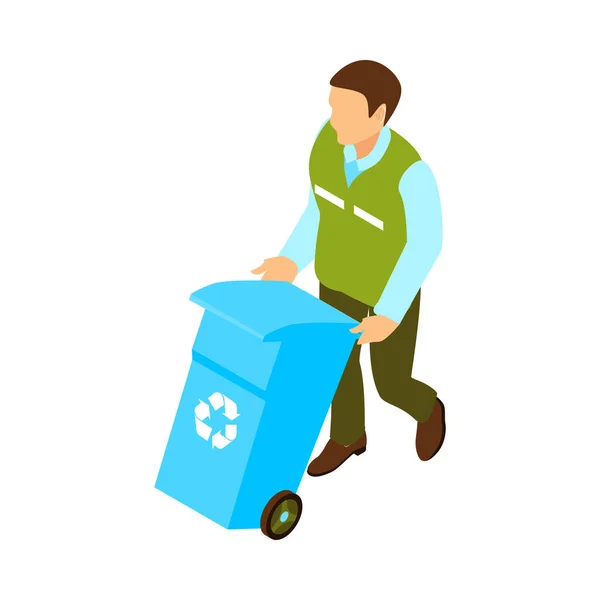 Male Cleaner Uniform Carrying Blue Garbage Container Isometric Vector Illustration — Vector de stock