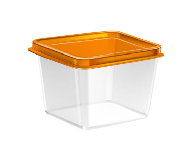 Plastic food container composition with isolated realistic image of transparent container with colored cap vector illustration