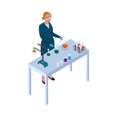 Chemical laboratory composition of isometric icons with scientists research equipment and furniture isolated vector illustration
