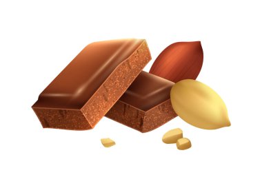 Realistic caramel chocolate nut composition with detailed images of sweets on blank background vector illustration