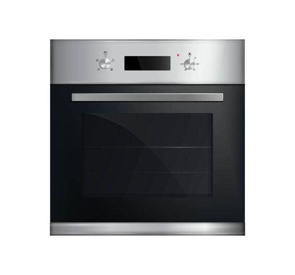 Реалистичная композиция кухонной печи с изолированным фронтальным видом на современную традиционную печь на пустом фоне векторной иллюстрации