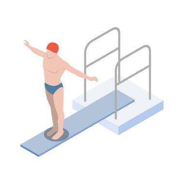 Public swimming pool isometric composition with isolated human character on blank background vector illustration