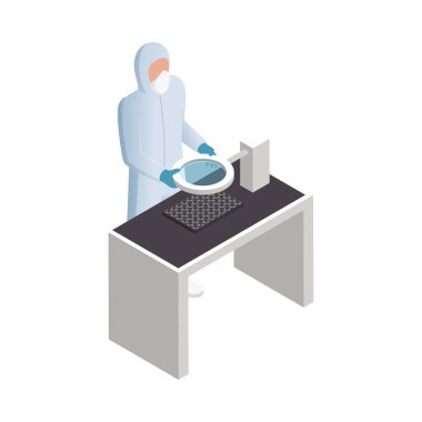 Semiconductor chip production isometric icons composition with isolated lab worker human character vector illustration