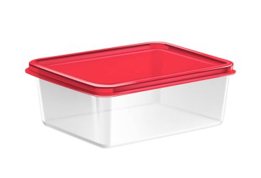 Plastic food container composition with isolated realistic image of transparent container with colored cap vector illustration