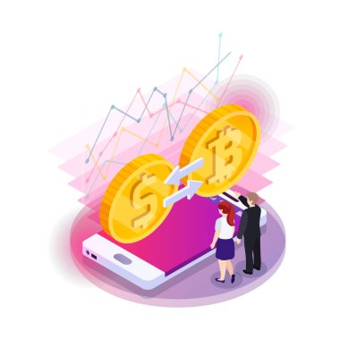 Financial technology glow isometric composition of neon colored icons with human characters and gadgets vector illustration