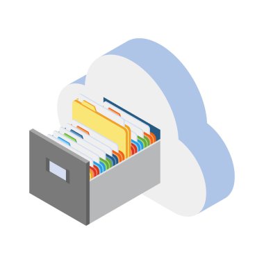Cloud technology isometric composition with isolated icons of storage protection and data synchronization vector illustration