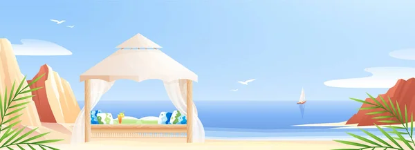 Flat Beach Landscape Wooden Gazebo Background Blue Sky Sea Vector — Wektor stockowy