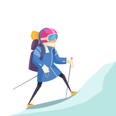 Mountaineering composition with cartoon style human character and outdoor look view vector illustration