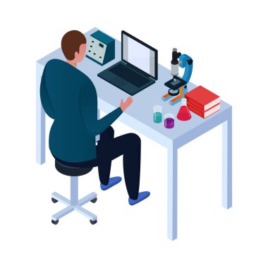 Chemical laboratory composition of isometric icons with scientists research equipment and furniture isolated vector illustration
