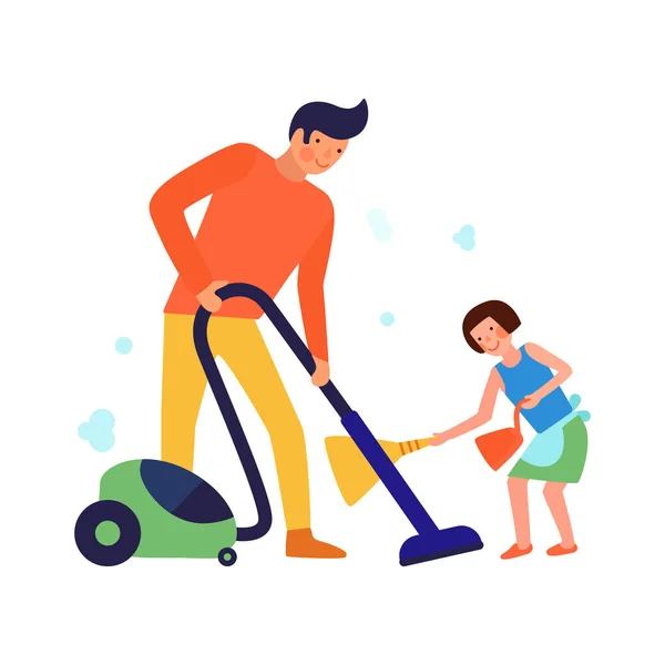 掃除子供は大人と子供のドアの文字ベクトルのイラストと家庭の掃除の観点から両親の組成を助ける — ストックベクタ