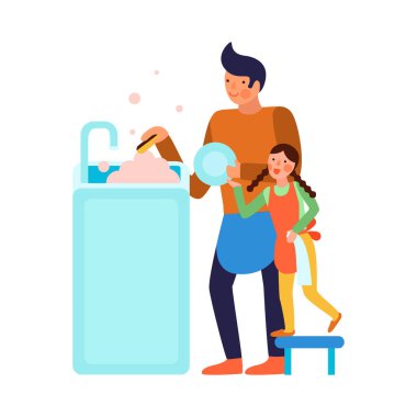 Cleaning kids helping parents composition with view of home cleanup with adult and child doodle characters vector illustration