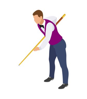 Billiards isometric composition with isolated human character of male player on blank background vector illustration