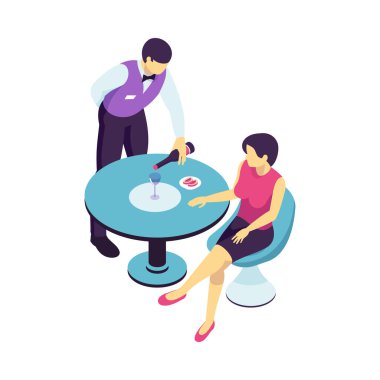 Isometric restaurant waiter composition with isolated human character of worker in uniform and cafe visitor vector illustration