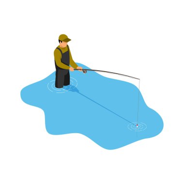 Isometric fisherman composition with isolated view of fisher with equipment on blank background vector illustration