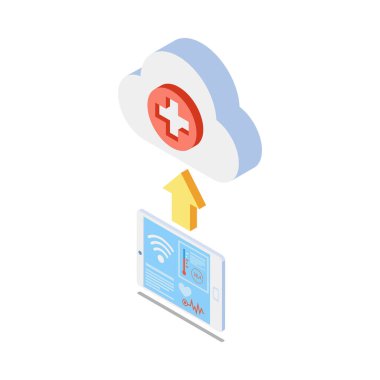 Cloud technology isometric composition with isolated icons of storage protection and data synchronization vector illustration