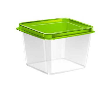 Plastic food container composition with isolated realistic image of transparent container with colored cap vector illustration