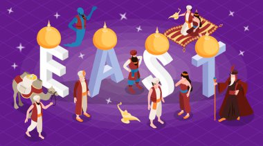 Ortaçağ efsanelerinin küçük karakterleri ve doğu büyük harfleri ile yatay çizimler. Kahramanlar izometrik vektör çizimleri.