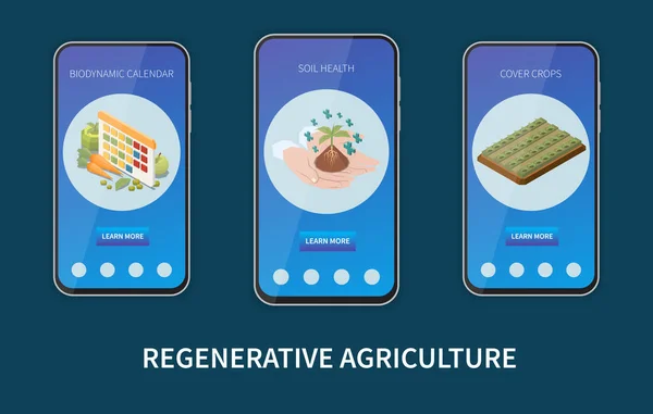 Regeneratív Mezőgazdasági Izometrikus Készlet Mobil App Sablonokkal Amelyek Segítik Egészséges — Stock Vector