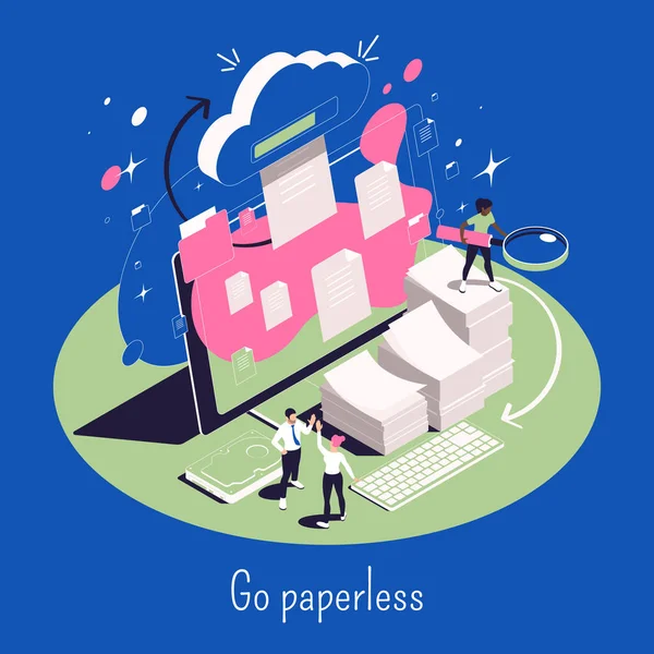 Paperless Isometric Concept Cloud Storage Electronic Documents Computer Stacks Papers — Vector de stock