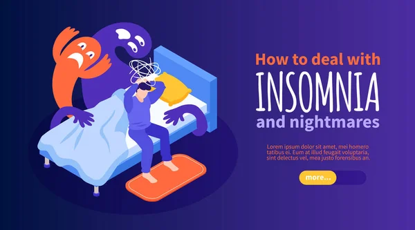 Healthy Sleep Horizontal Banner Nightmares Insomnia Symbols Isometric Vector Illustration — Stock vektor