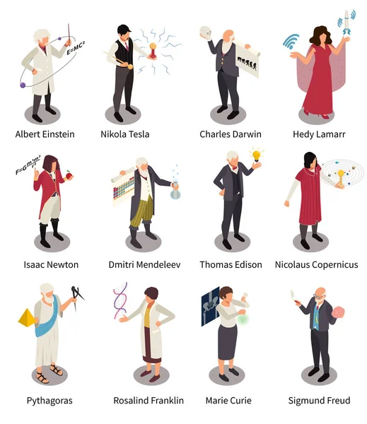 Famous Scientists Isometric Set Isolated Human Characters Doodle Representations Big — ストックベクタ