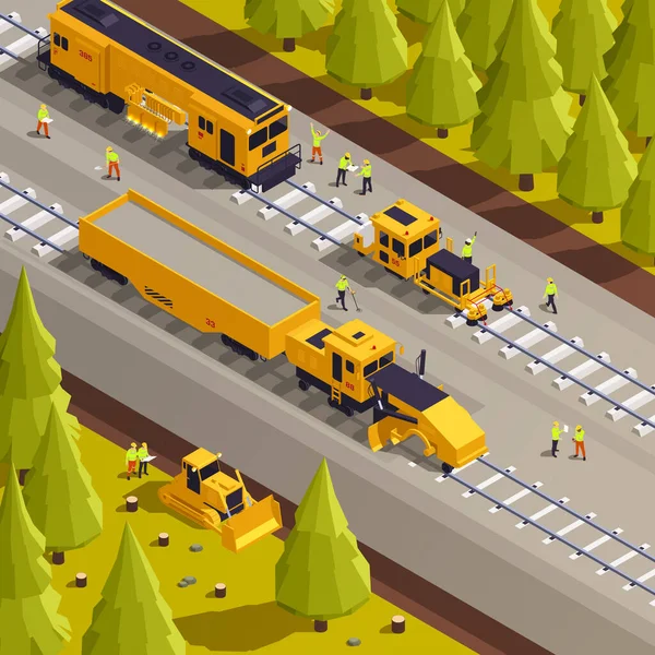 Isometric Railroad Track Laying Process Railway Machinery Working People Vector — Διανυσματικό Αρχείο