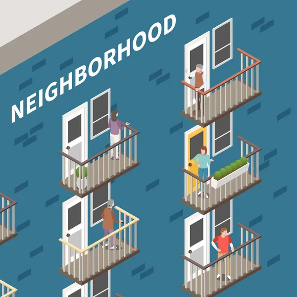 Neighbours Isometric Concept People Building Balcony Vector Illustration — 图库矢量图片