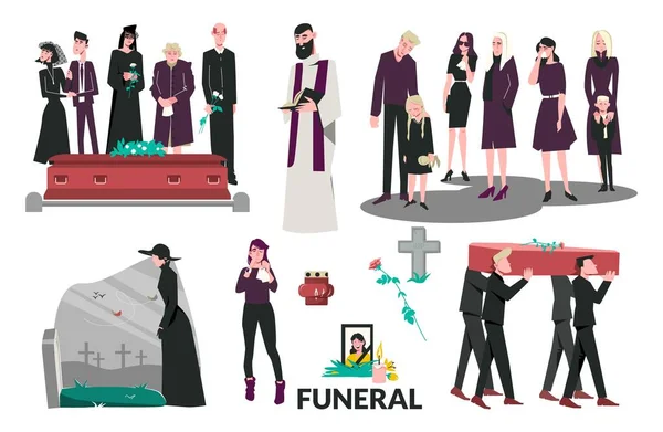 Flat Funeral Death Composition Set Grieving Family Standing Coffin People —  Vetores de Stock