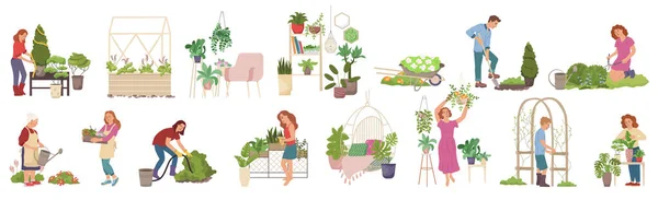 Otthoni Kertészeti Készlet Lapos Elszigetelt Ikonok Emberi Karakterekkel Dísznövények Ágyakkal — Stock Vector