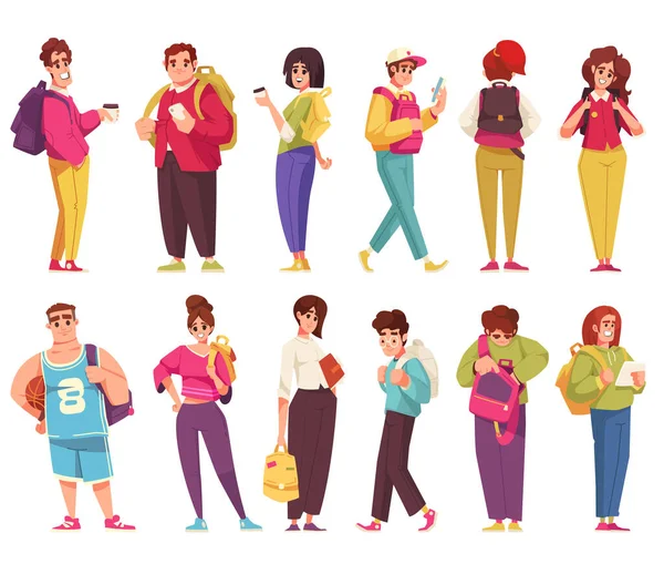 Чоловіки Жінки Студенти Рюкзаками Мультиплікаційні Іконки Набір Ізольовані Векторні Ілюстрації — стоковий вектор