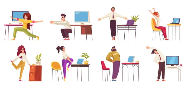Workplace Stretches Cartoo Icons Set People Having Exercises Office Isolated — 图库矢量图片