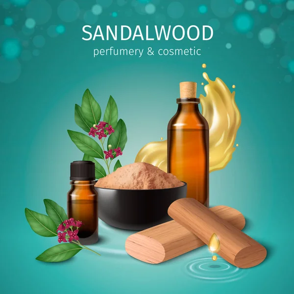 Sandalwood Cosmetic Realistic Vector Illustration Sandal Timber Fragrant Powder Bowl — Image vectorielle