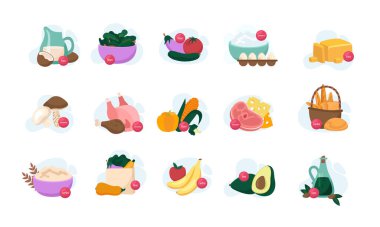 Boş arkaplanda, çiğ gıda ürünlerinin izole edilmiş simgeleriyle ve yemek vektör illüstrasyonu sunulan makronbesinler düzlüğü