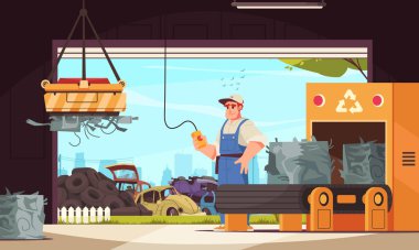 Car dump cartoon concept with worker operating auto crushing machine vector illustration clipart