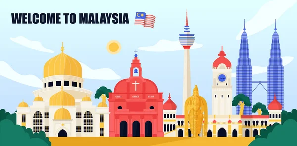 Poster Perjalanan Malaysia Dengan Markah Tanah Perjalanan Dan Gambar Vektor - Stok Vektor