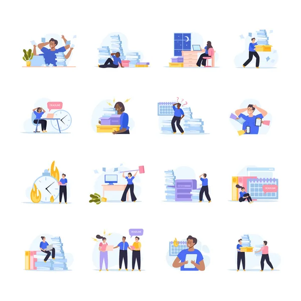 Business Stress Flat Set Isolated Icons Conceptual Views Tired People — Vetor de Stock
