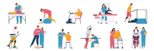 Physiotherapy Flat Color Set Doctors Working Patients Rehabilitation Trauma Surgery — Wektor stockowy