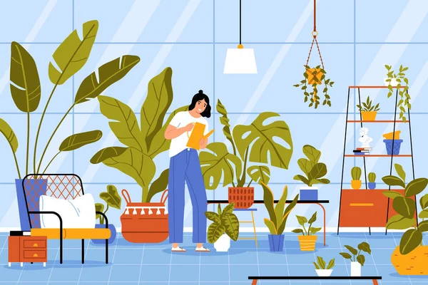 Hobby Plat Concept Met Vrouw Drenken Huis Planten Vector Illustratie — Stockvector