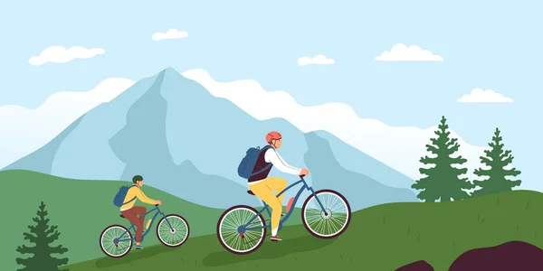 Ποδήλατο Επίπεδη Έννοια Τους Ανθρώπους Ιππασία Ποδήλατα Mountaing Στο Φόντο — Διανυσματικό Αρχείο