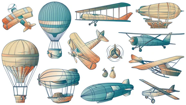Aeronautics Set Isolated Retro Vintage Style Images Aircraft Flying Transport —  Vetores de Stock