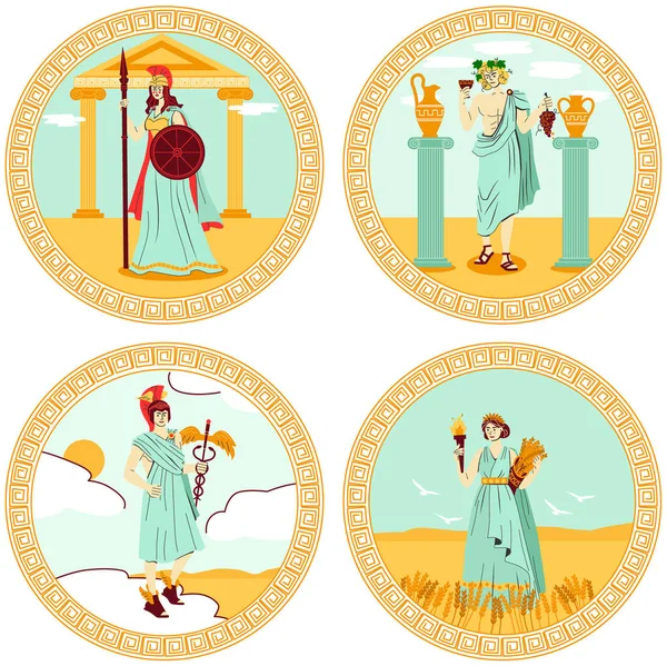 Olympus Dioses Cuatro Emblemas Colores Redondos Con Hermes Athena Demeter — Vector de stock