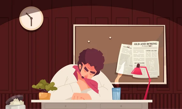 Flu Cartoon Concept Adult Man Sneezing Working Place Vecor Illustration — Stock vektor